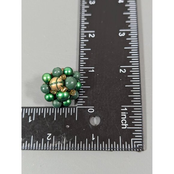 Vintage Japan Green Gold Tone Faux Pearl Cluster Bead Clip On Earrings MCM - Picture 9 of 9
